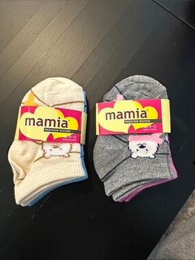 Girls Mamia Baby Animal Face Socks - Beige & Gray with Blue & Pink Trim 6 pairs